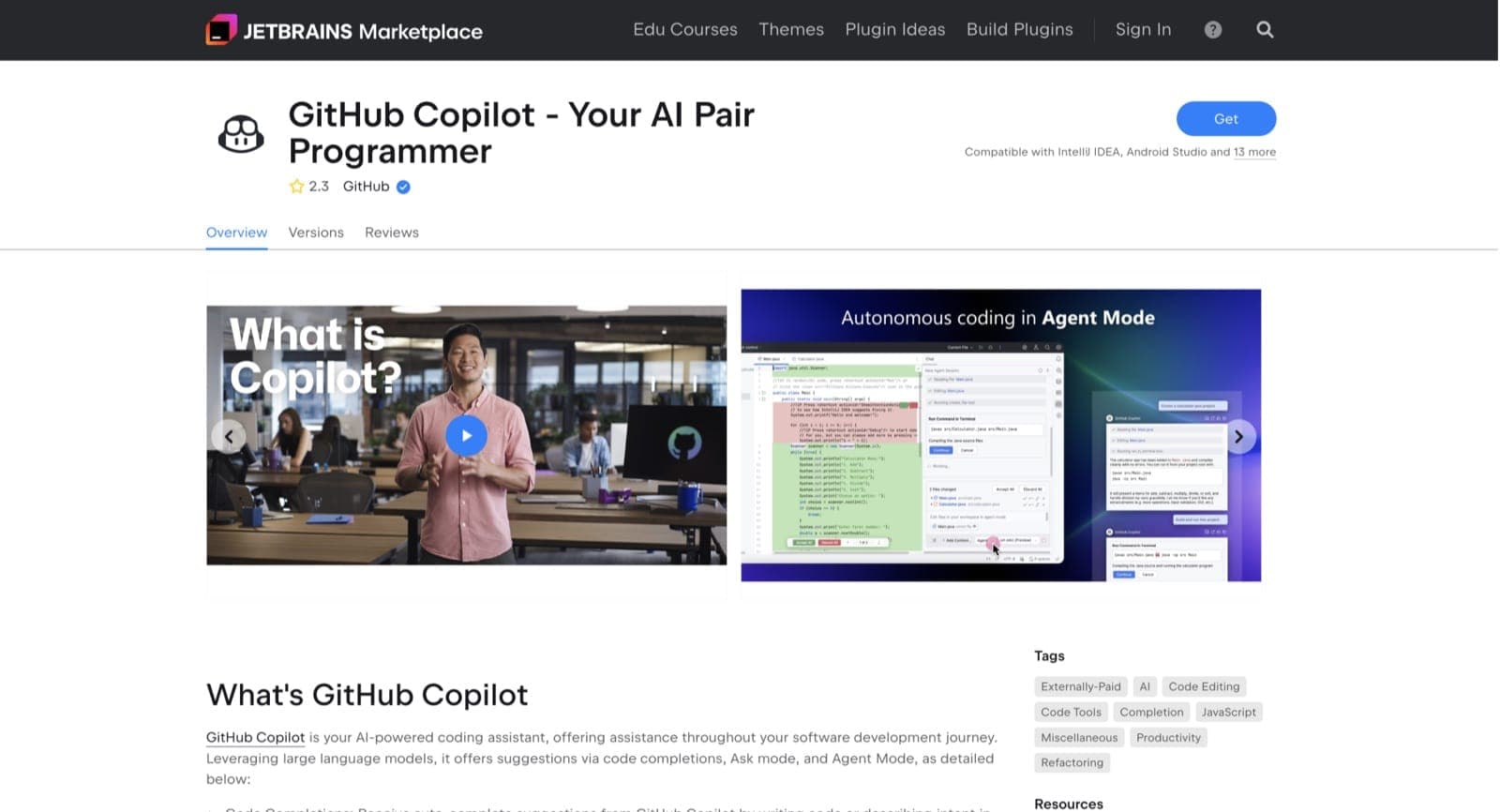 JetBrains Marketplace plugin website featuring Copilot UI