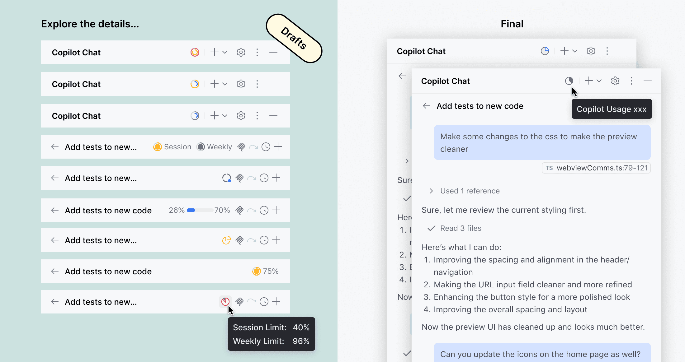 Usage indicator design exploration and in-product mockup