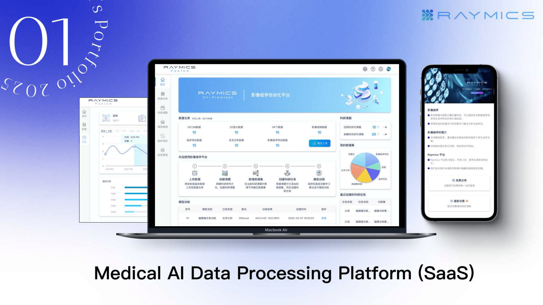Raymics Cloud medical AI SaaS hero on laptop and phone
