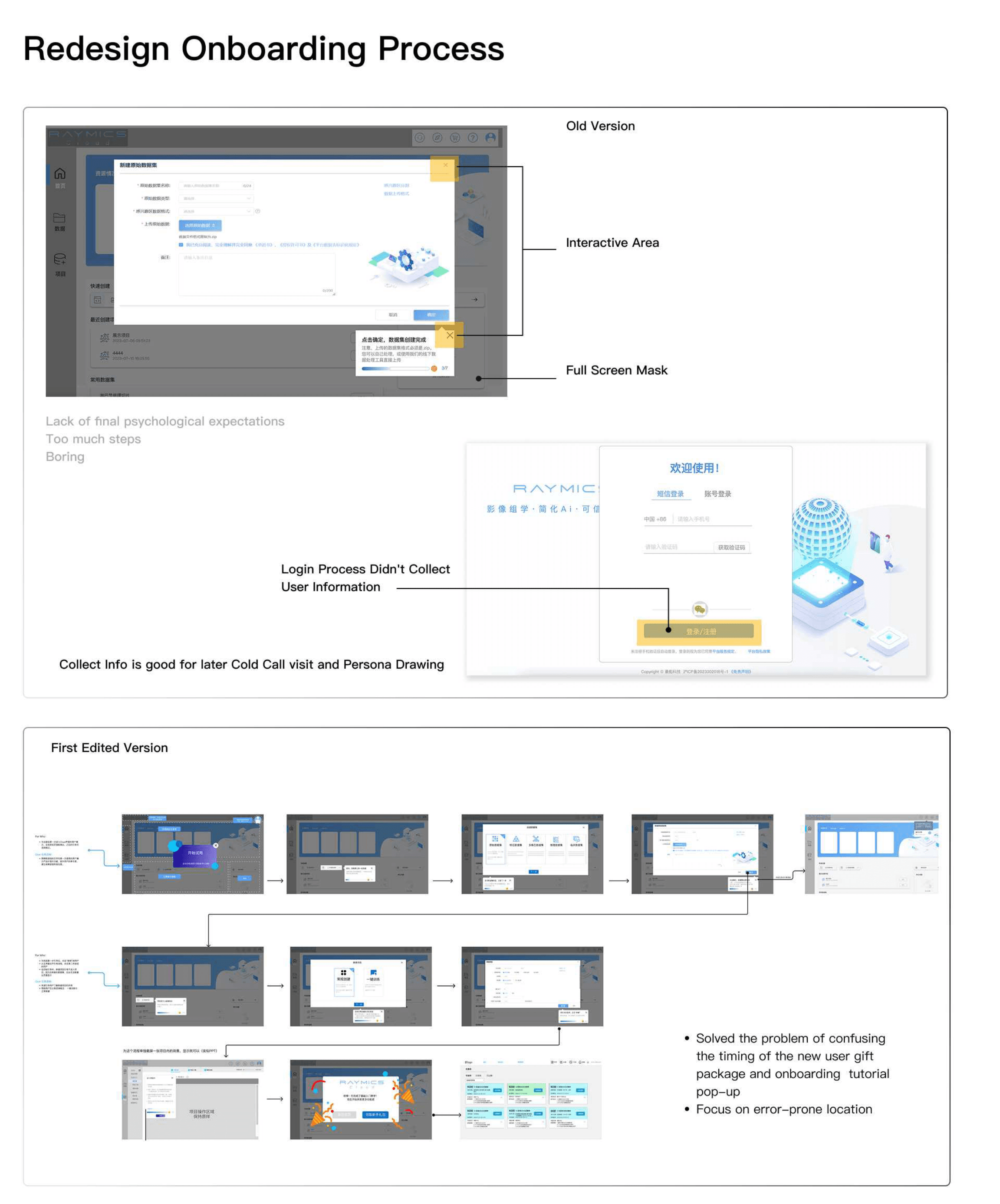 Onboarding redesign: old flow versus first revised flow
