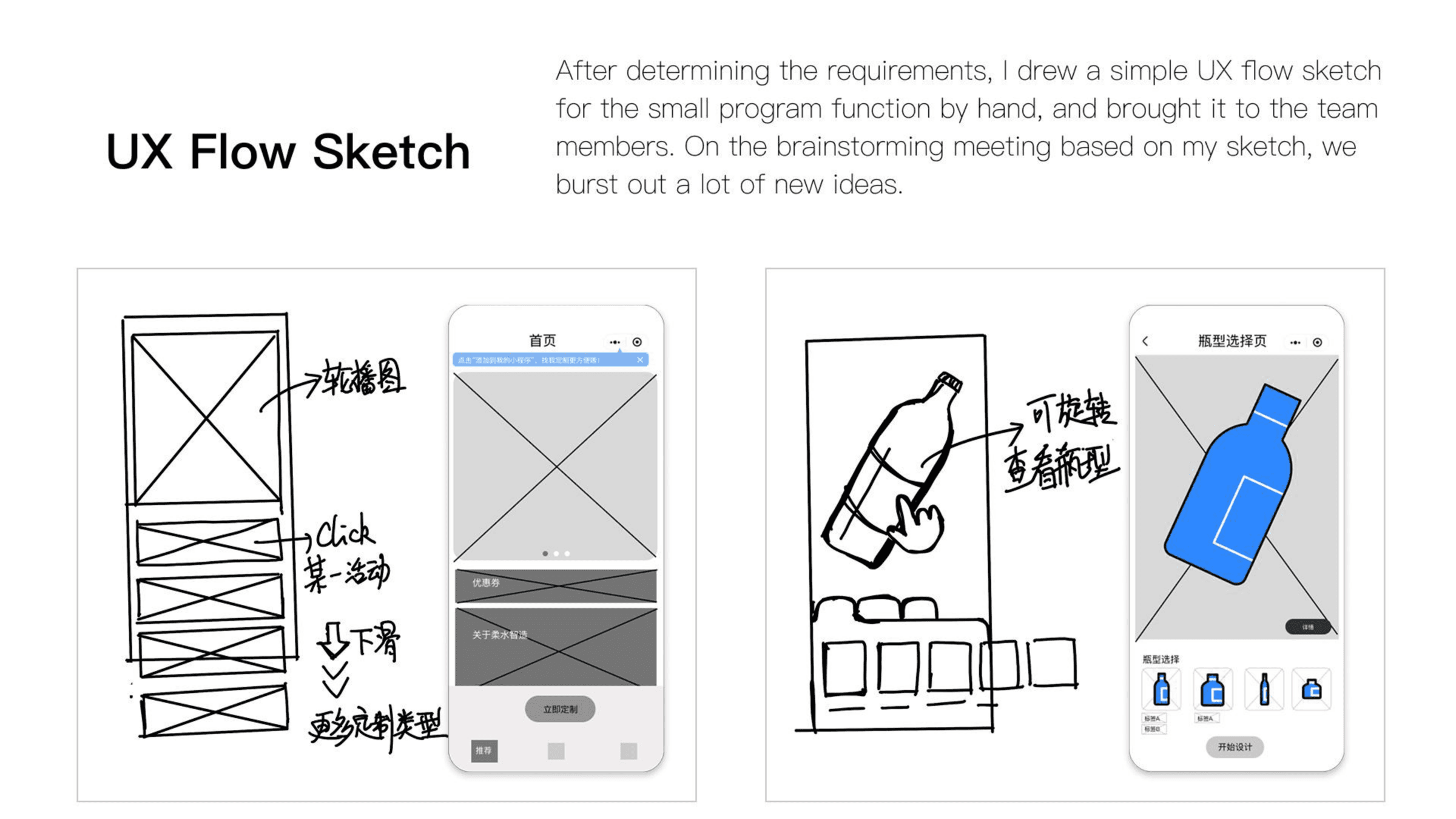 UX flow sketches and wireframes for home and bottle selection