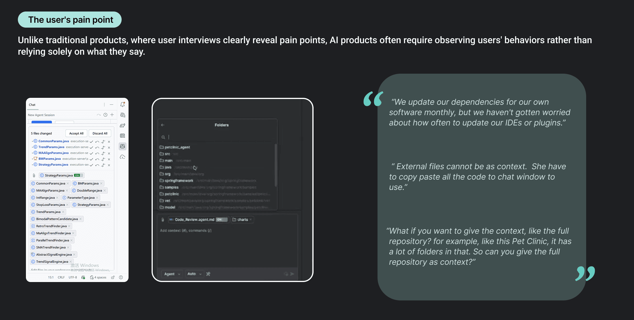 User pain points from research interviews