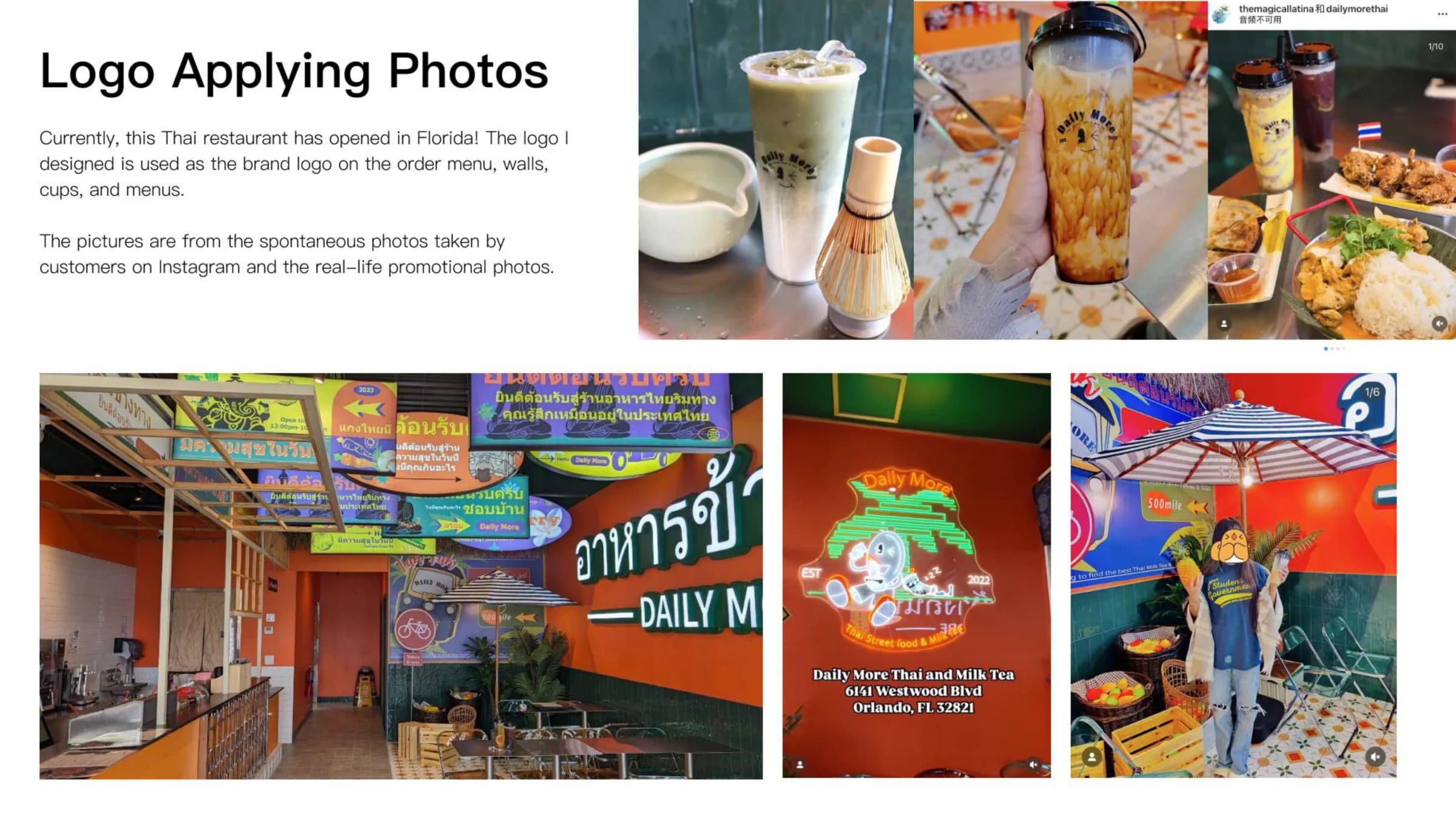 Logo applied on cups, food, neon, and restaurant interior