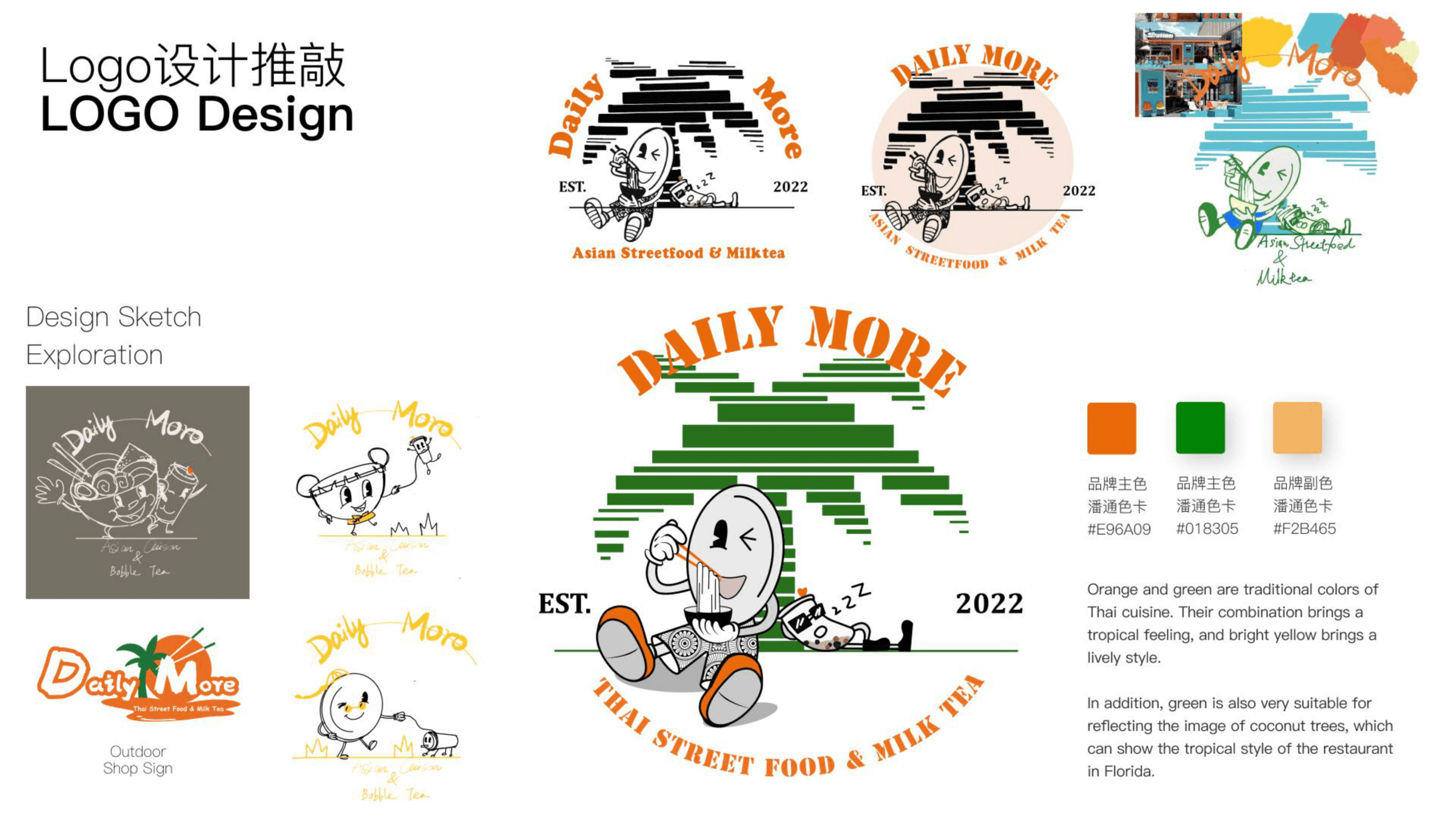 Logo sketches, iterations, color palette, and final mark