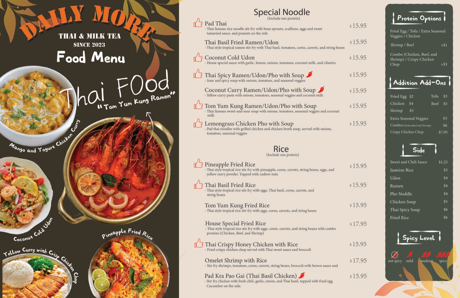Daily More food menu with noodle and rice sections