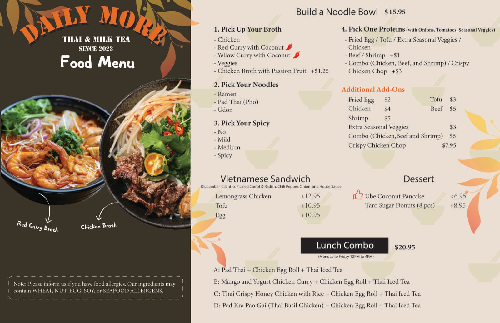 Daily More build-a-noodle-bowl menu and lunch combo