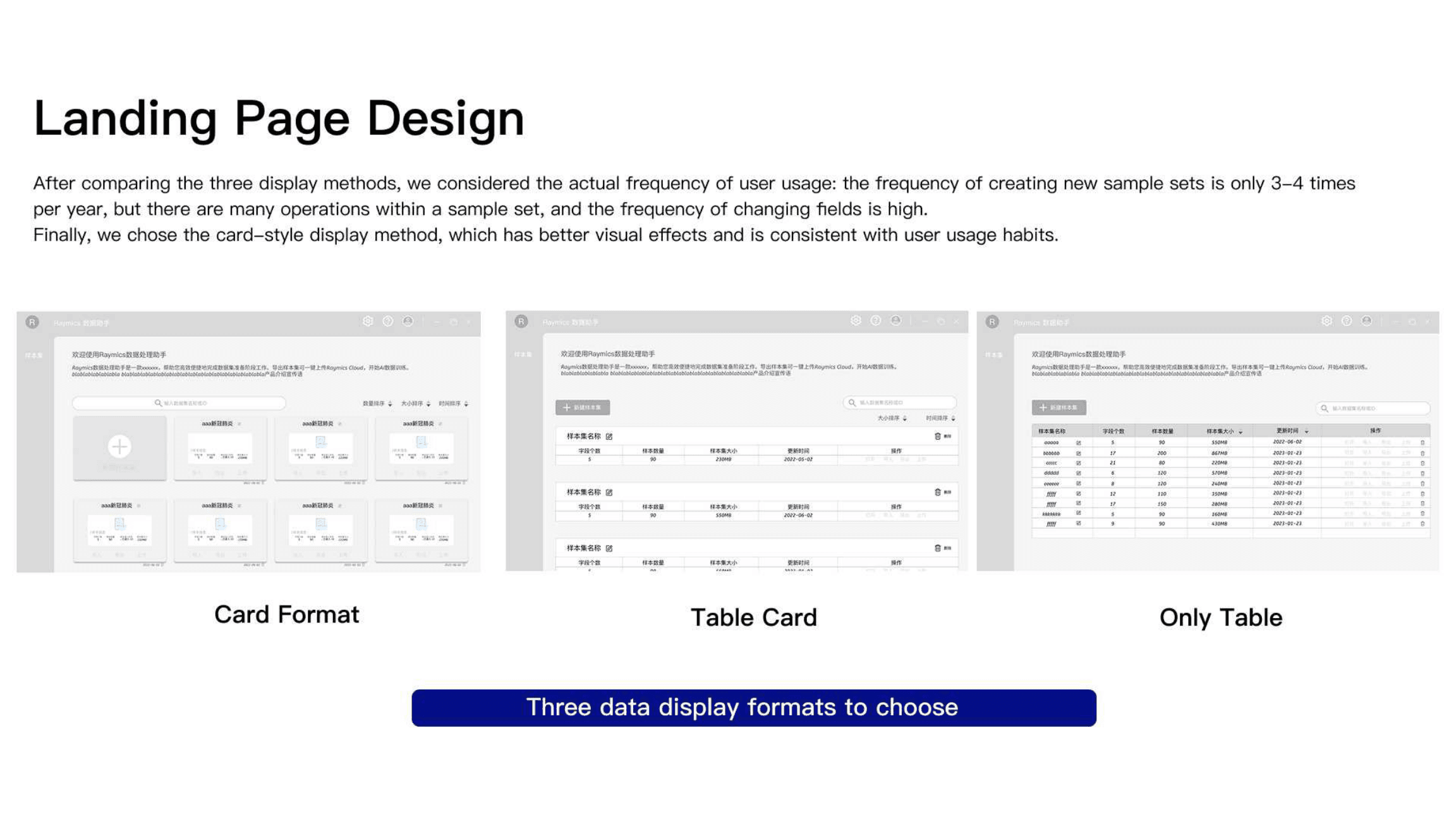 Landing page design comparing card versus table display