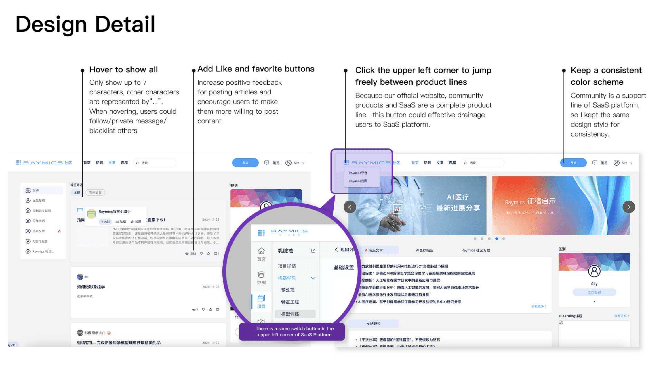 Community hover states, social actions, and cross-product switching